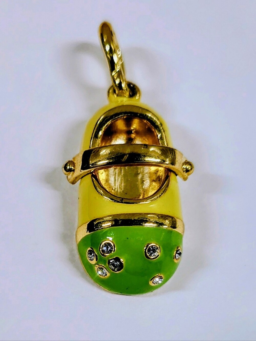 Gold-Tone Yellow Green Enamel Baby Shoe Charm Pendant w/ Crystal Bow VTG Carucci